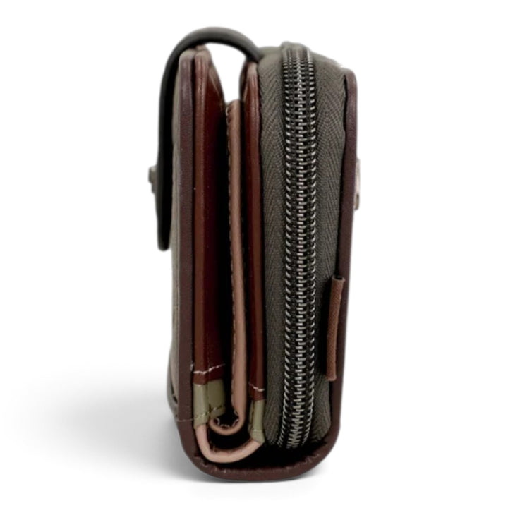 ada-shoes.ro Anekke medium wallet in brown, beige, and green faux leather with a side view of zip and flap closure