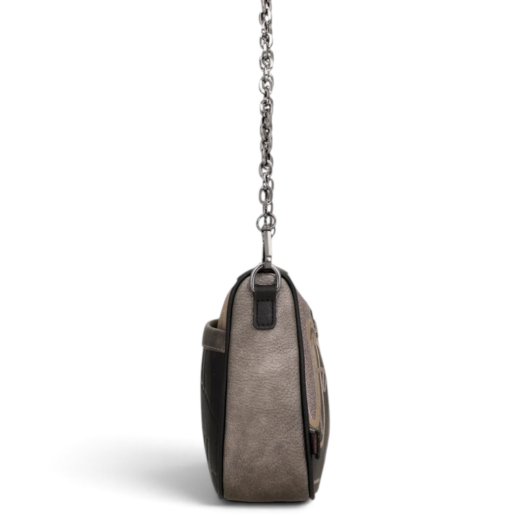 ada-shoes.ro Anekke Melody crossbody bag side view with metallic chain strap and textured grey finish