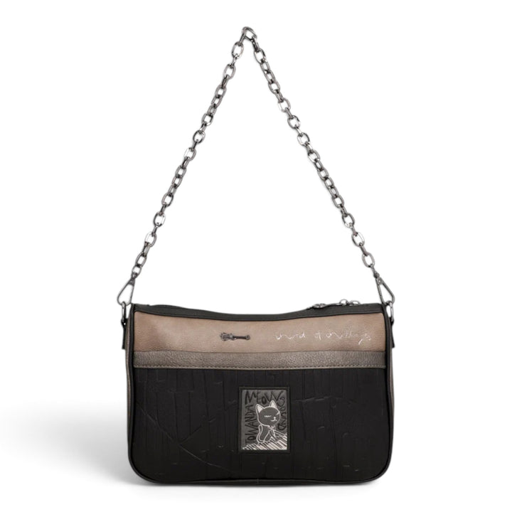 ada-shoes.ro Anekke Melody crossbody bag in black and brown with a decorative chain strap and cat graphic detail