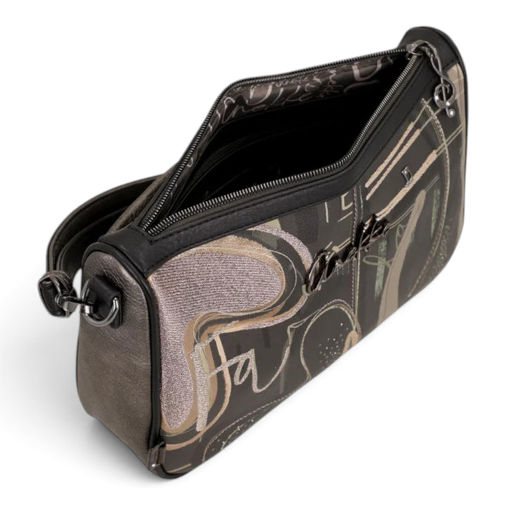 ada-shoes.ro Anekke Melody crossbody bag in black with artistic patterns, decorative chain, and adjustable strap.