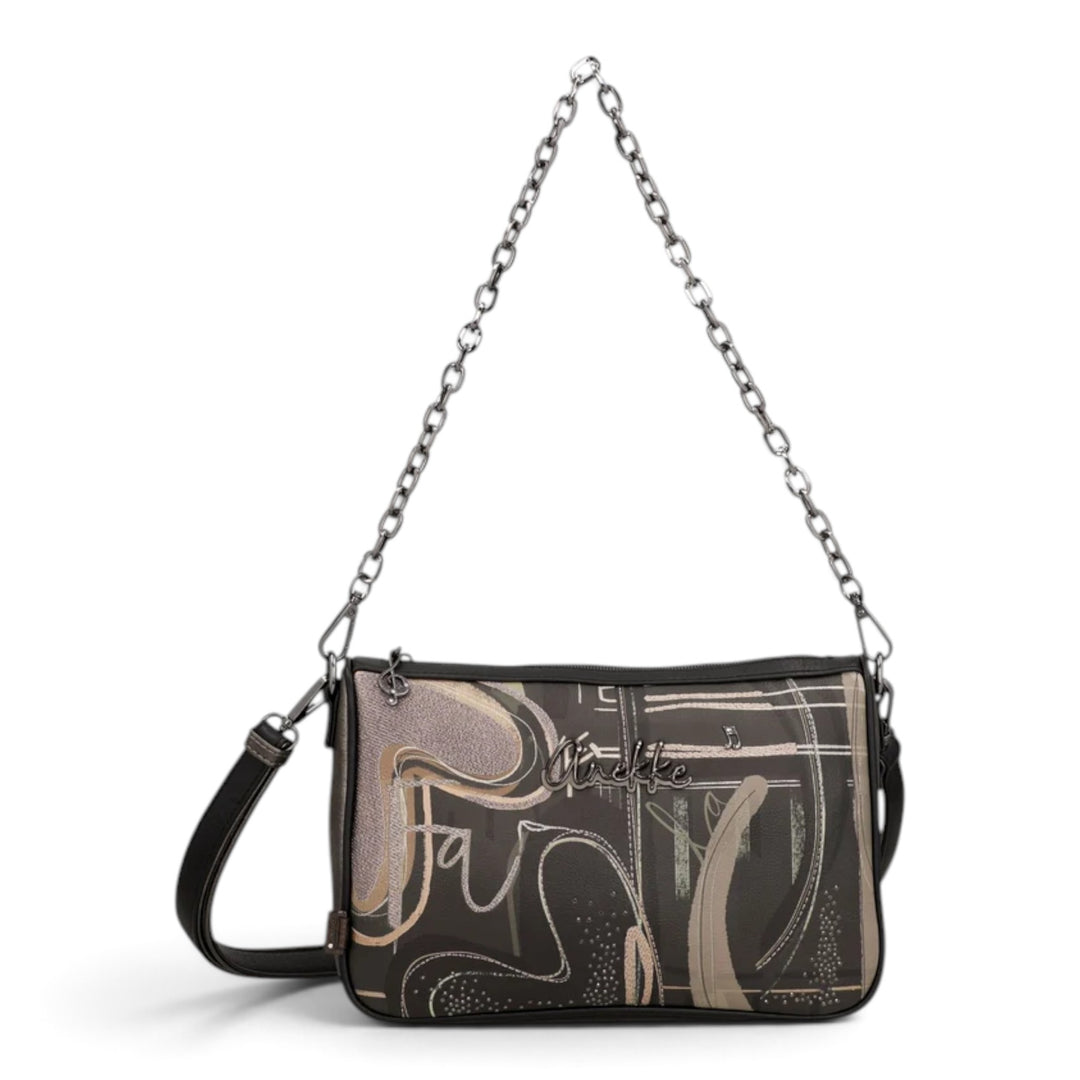 ada-shoes.ro Anekke Melody crossbody bag with artistic print, decorative chain strap, and adjustable shoulder strap.
