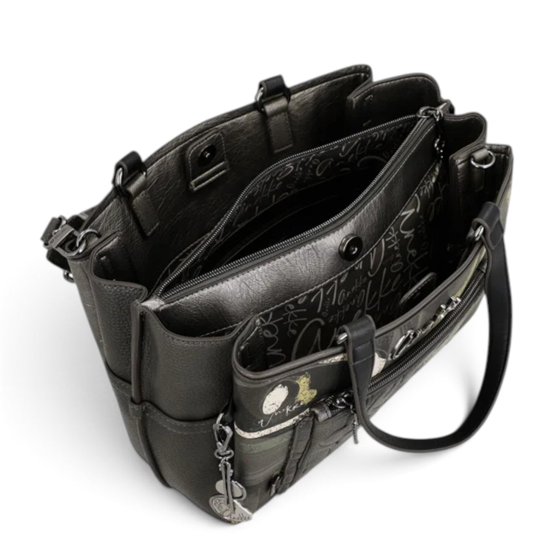 ada-shoes.ro Anekke Melody medium handbag in metallic grey with multiple compartments, zip closure, and patterned lining