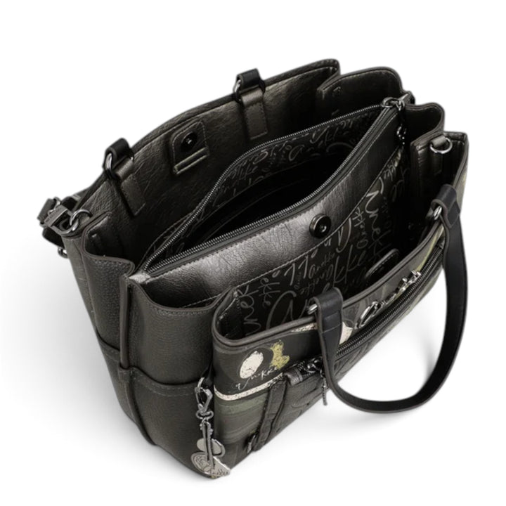 ada-shoes.ro Anekke Melody medium handbag in metallic grey with multiple compartments, zip closure, and patterned lining