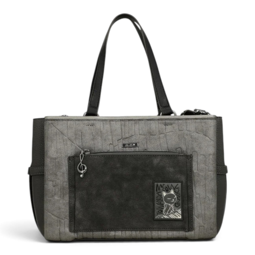 ada-shoes.ro Anekke Melody grey shoulder bag with musical note charm, front pocket, and cat graphic detail.
