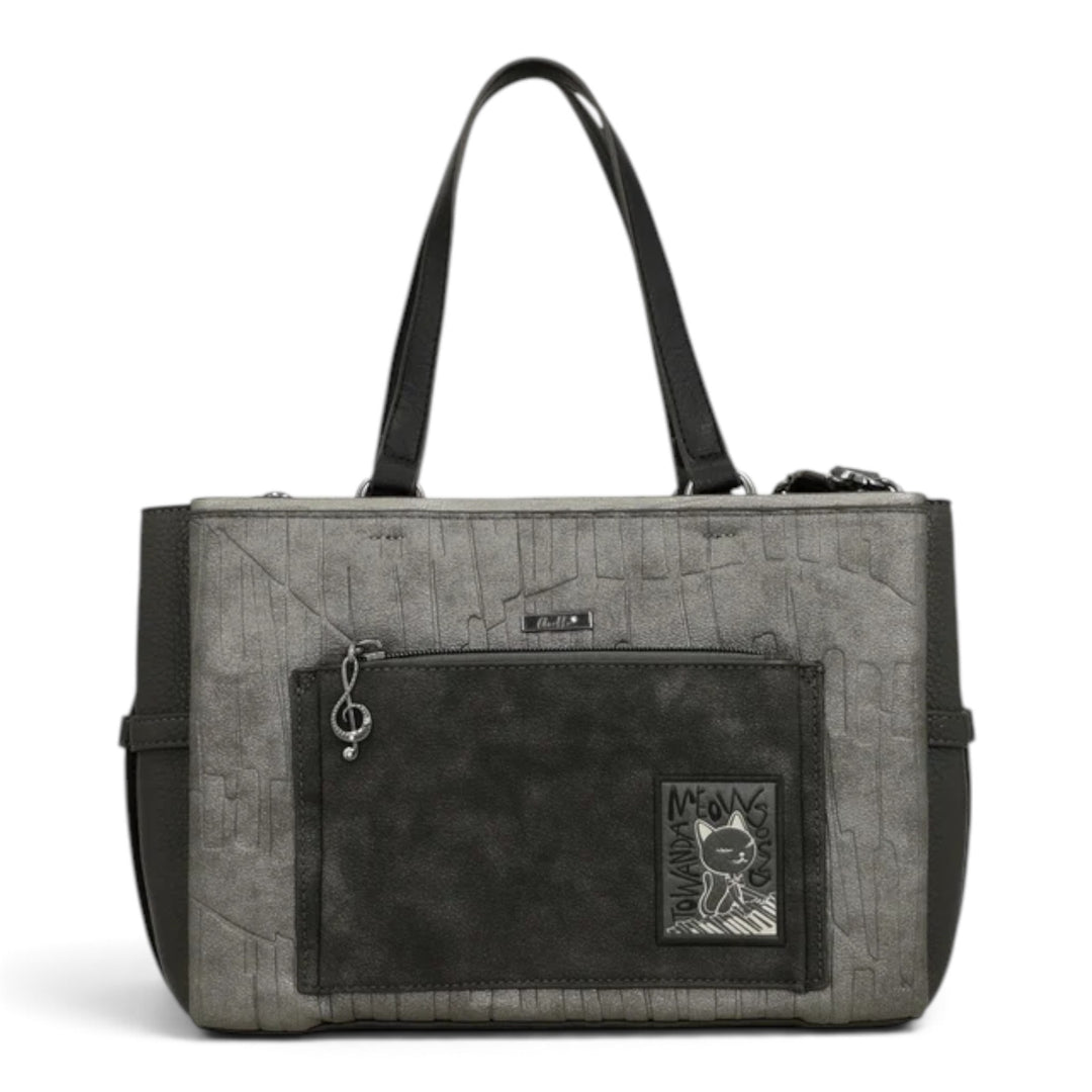 ada-shoes.ro Anekke Melody grey shoulder bag with musical note charm, front pocket, and cat graphic detail.