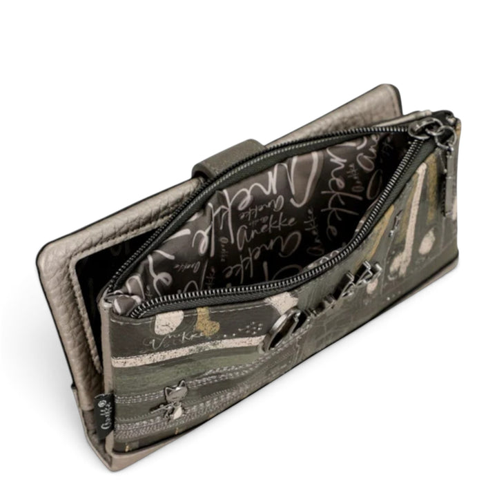 ada-shoes.ro Anekke Melody RFID wallet with green and metallic grey patterned exterior and zippered coin compartment