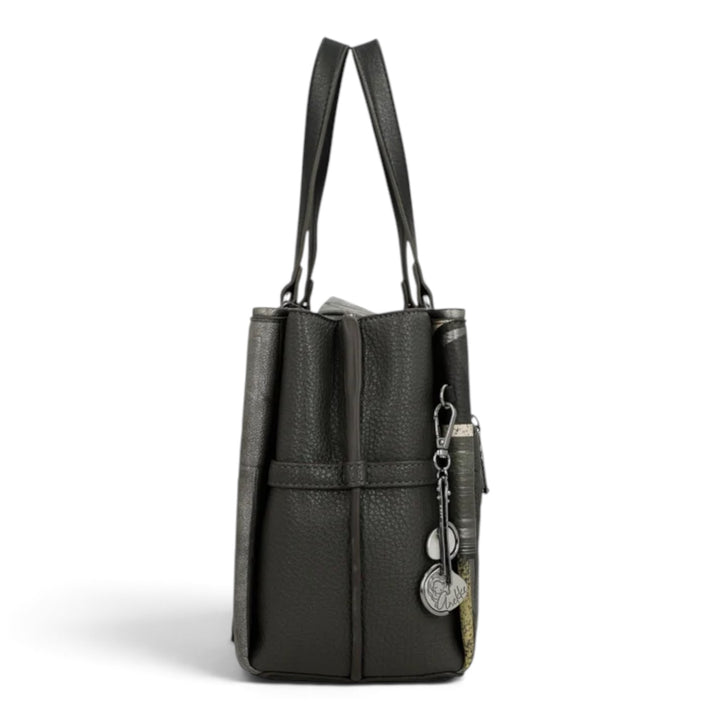 ada-shoes.ro Anekke Melody medium shoulder bag in dark grey with side view, dual handles, and decorative metal charm