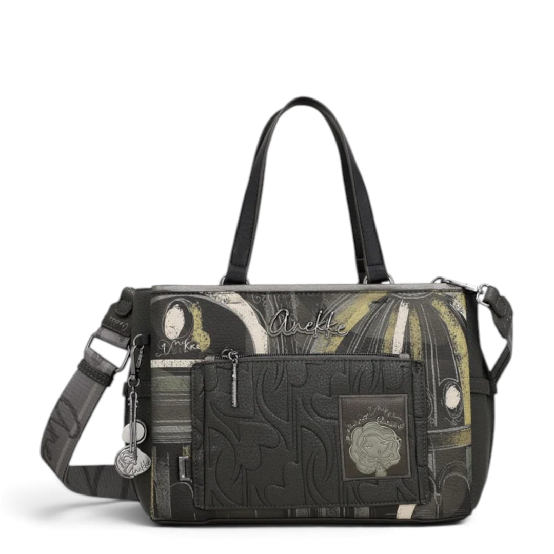 ada-shoes.ro Anekke Melody medium shoulder bag with artistic print, front pocket, and adjustable crossbody strap.