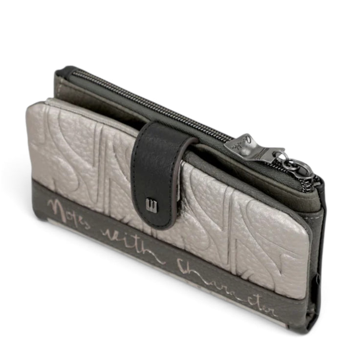 ada-shoes.ro Anekke casual wallet in metallic silver and grey faux leather with a flap closure and zip compartment.