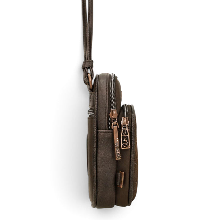 ada-shoes.ro Anekke mocha crossbody bag with side view showing zippered compartments and adjustable strap