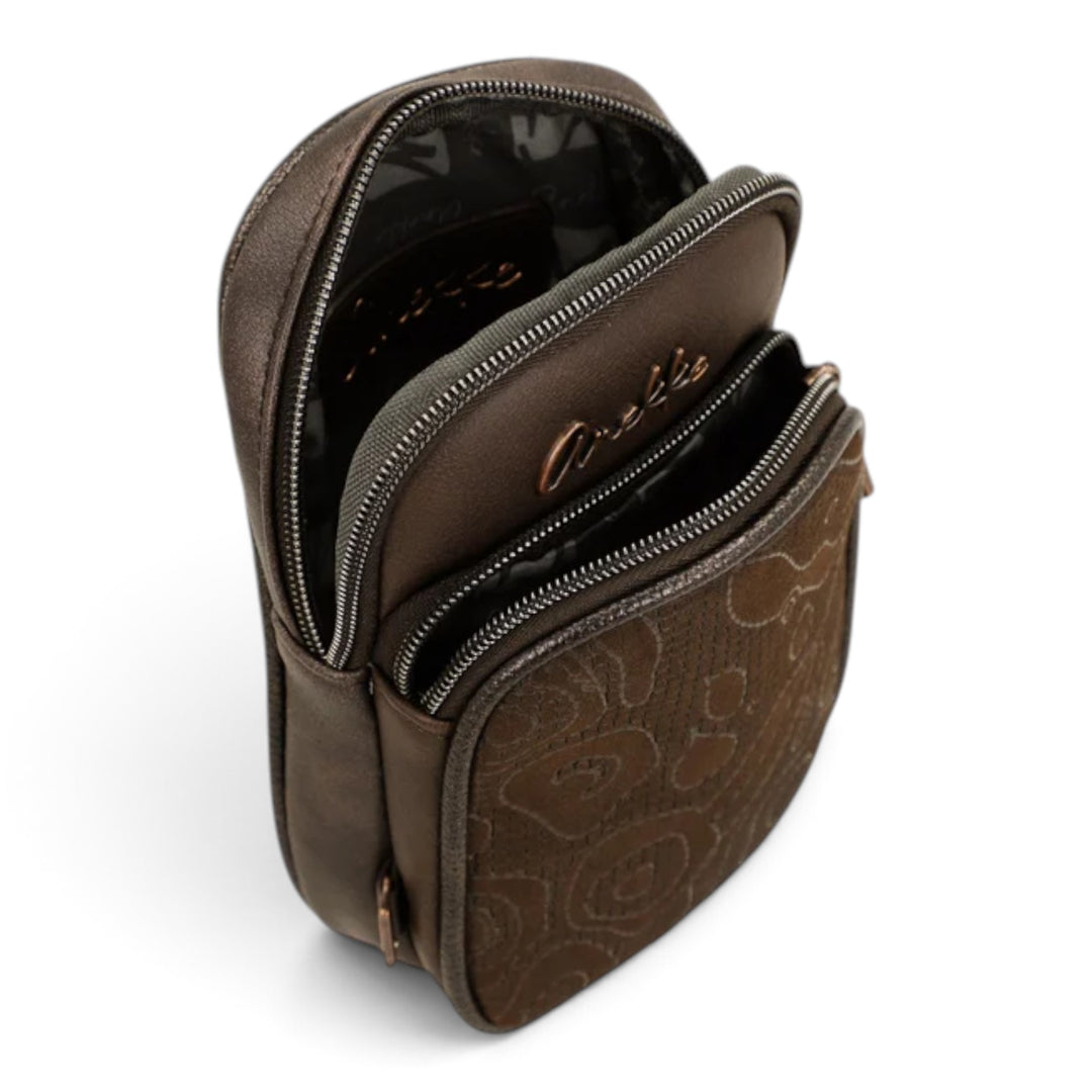 ada-shoes.ro Anekke mocha crossbody bag with multiple zippered compartments and embossed floral pattern detail.