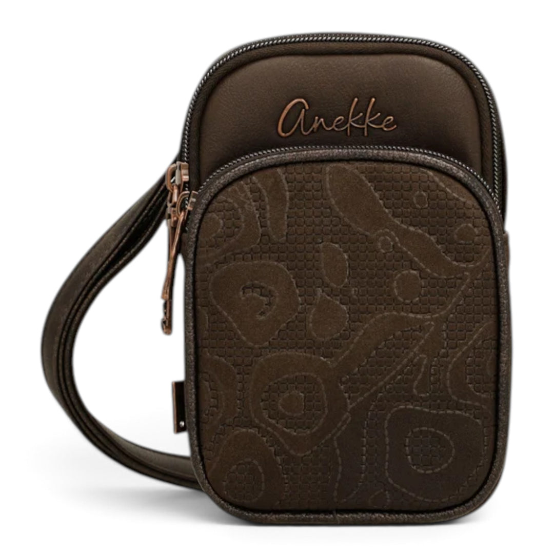 ada-shoes.ro Anekke mocha brown crossbody bag with textured pattern, front zip pocket, and adjustable strap.