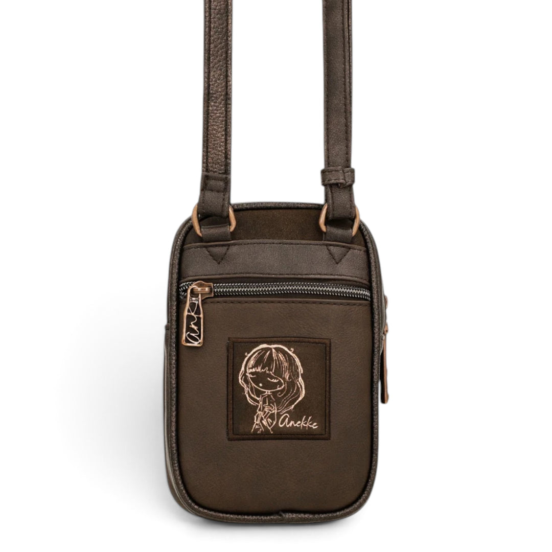 ada-shoes.ro Anekke mocha brown crossbody bag with front zipper pocket and embroidered character detail