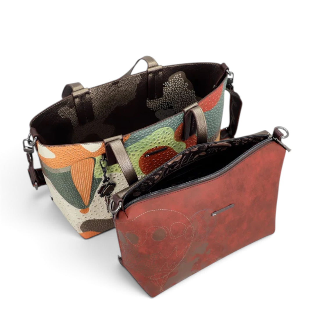 ada-shoes.ro Anekke Odyssey 2-in-1 shopper bag with a patterned outer tote and a detachable red inner crossbody bag.