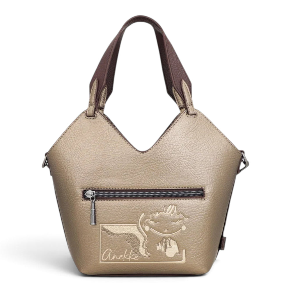 ada-shoes.ro Anekke Odyssey 2-in-1 handbag in metallic beige faux leather with embroidered details and dual handles