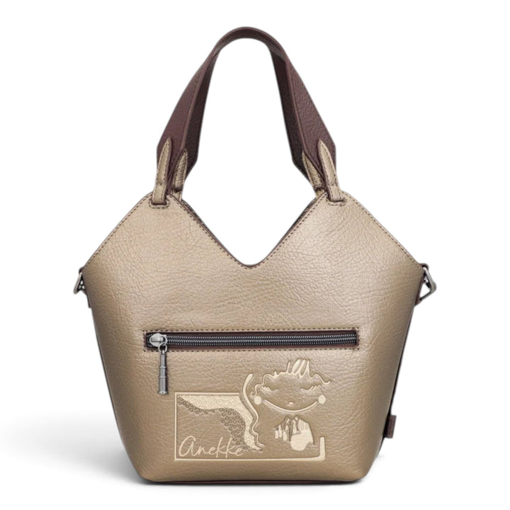 ada-shoes.ro Anekke Odyssey 2-in-1 handbag in metallic beige faux leather with embroidered details and dual handles