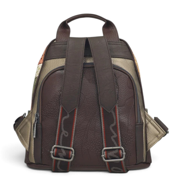 ada-shoes.ro Anekke Odyssey casual backpack in brown with adjustable patterned straps and rear secret zipper pocket