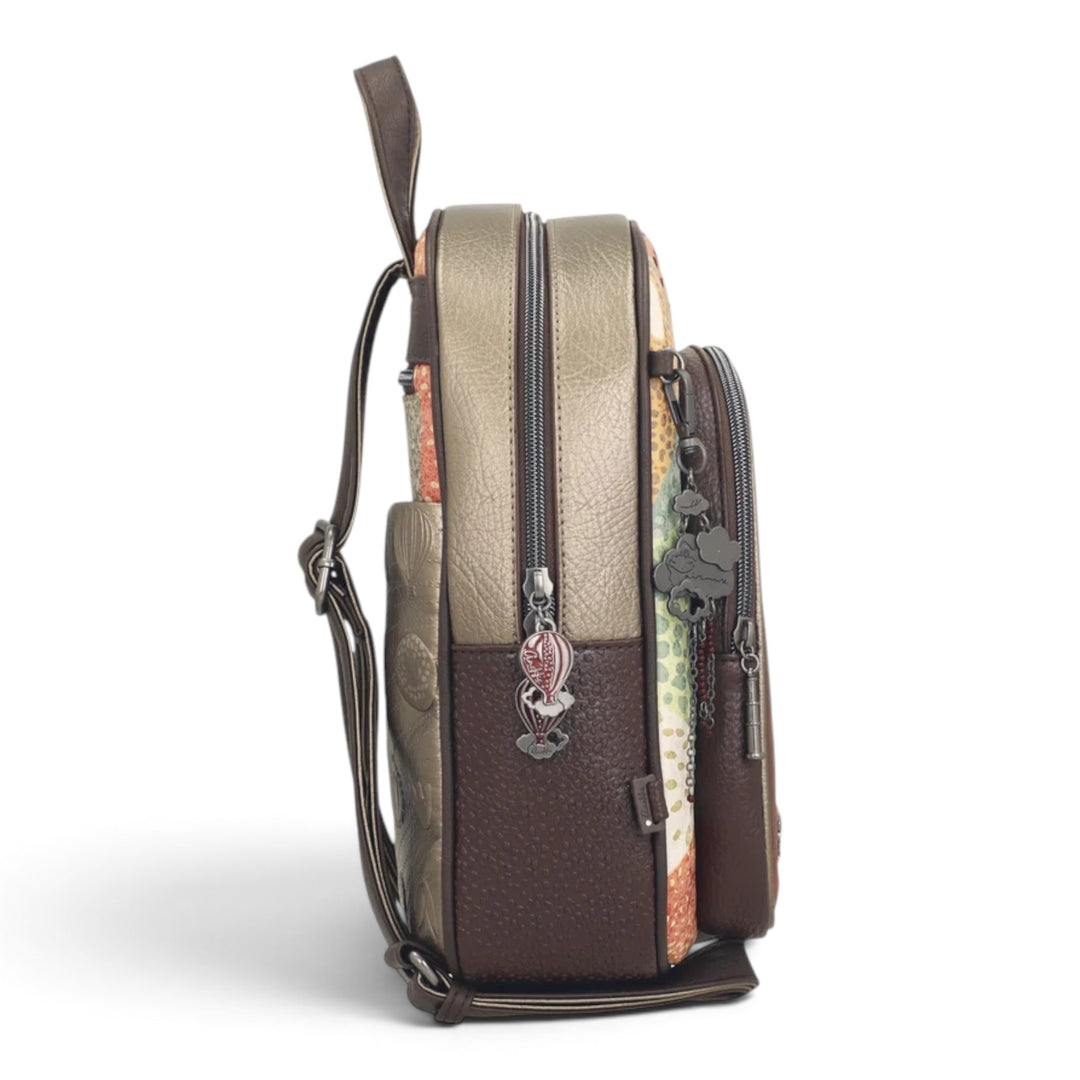 ada-shoes.ro Anekke Odyssey casual backpack in brown and metallic tones with side view and decorative zipper charms