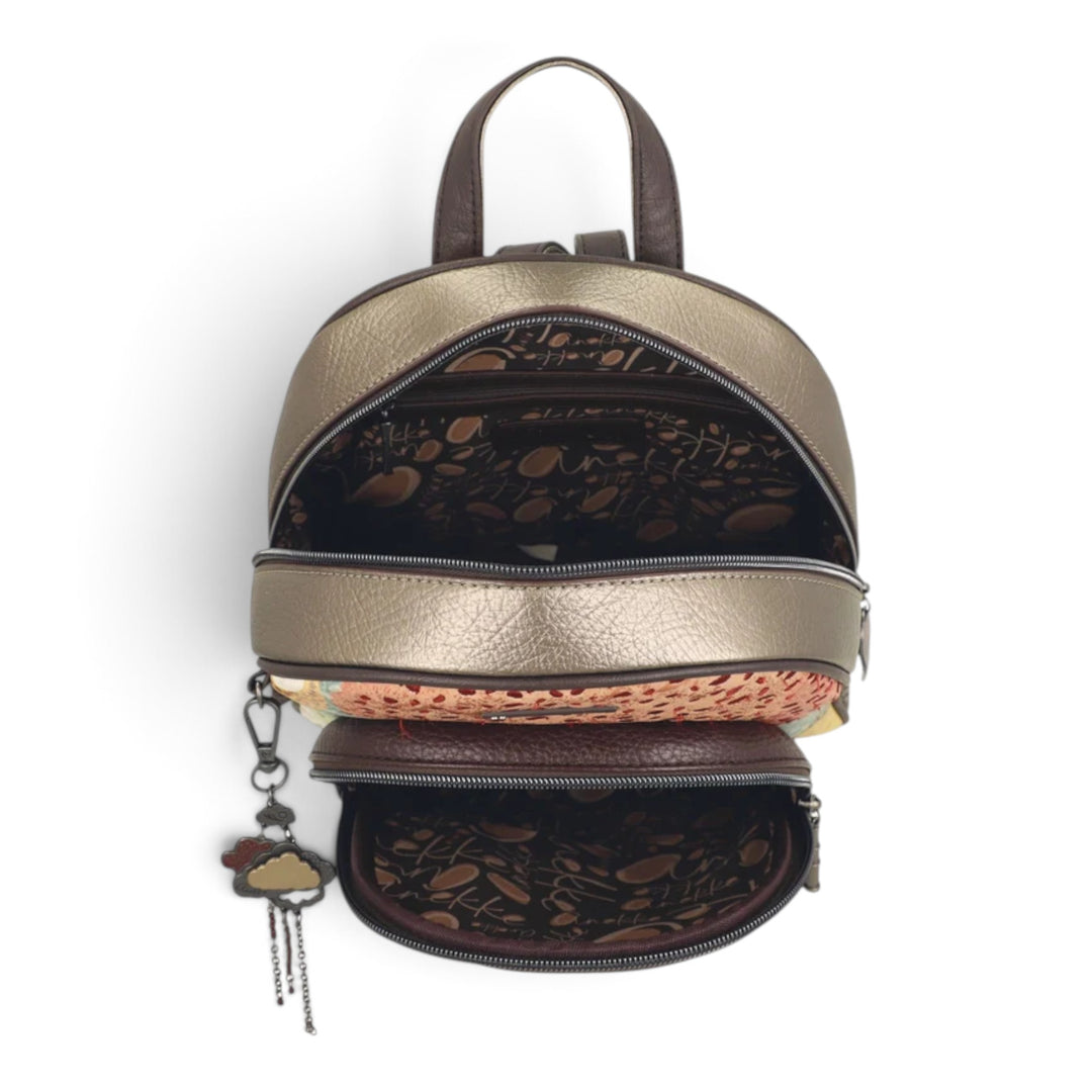 ada-shoes.ro Anekke Odyssey casual backpack with open zippered compartments, metallic gold finish, and patterned lining