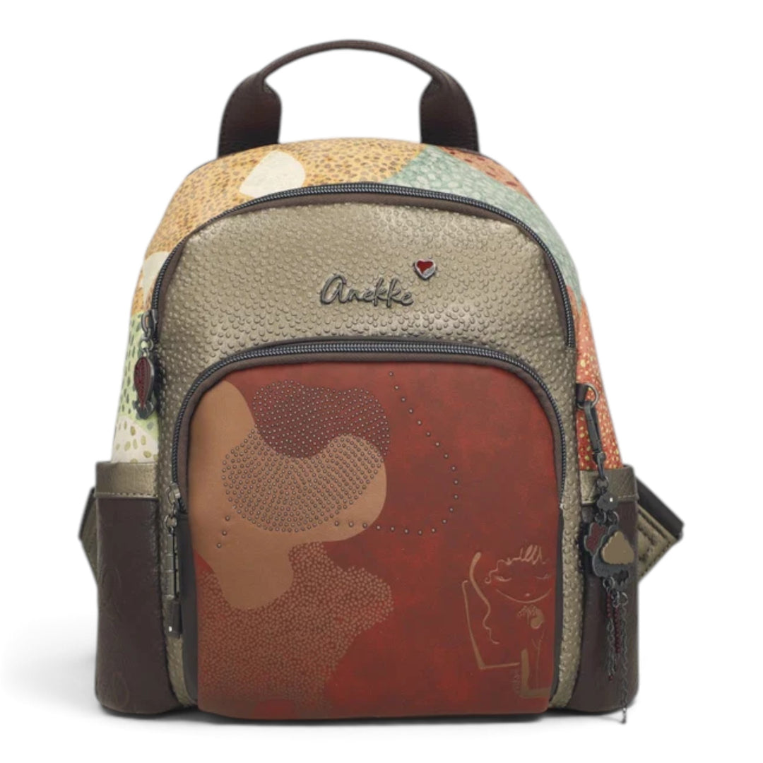 ada-shoes.ro Anekke Odyssey casual backpack with multi-colored patterned panels, front zip pocket, and logo detail.