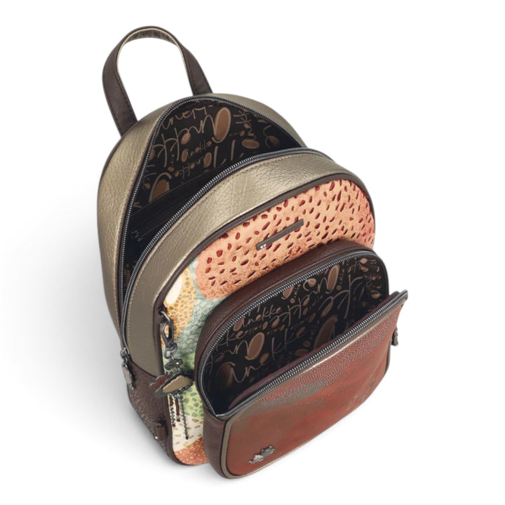 ada-shoes.ro Anekke Odyssey casual backpack with metallic gold, brown, and patterned panels and zippered compartments