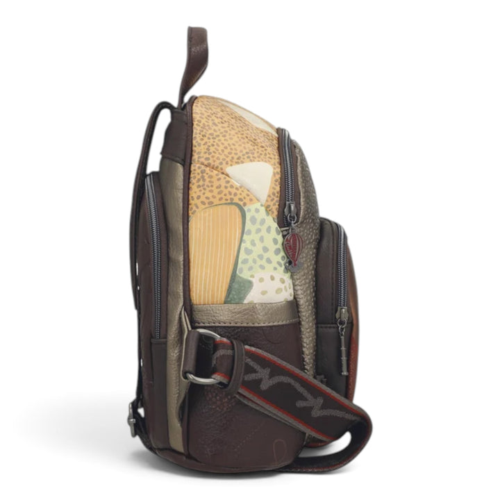 ada-shoes.ro Anekke Odyssey casual backpack in brown with patterned panels, adjustable straps, and side view.