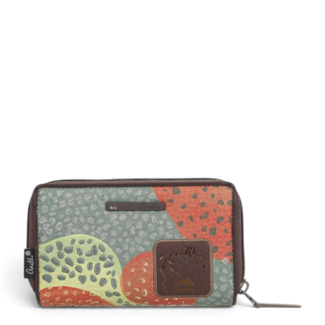 ada-shoes.ro Anekke Odyssey medium rigid wallet with colourful abstract pattern, RFID protection, and zip closure.