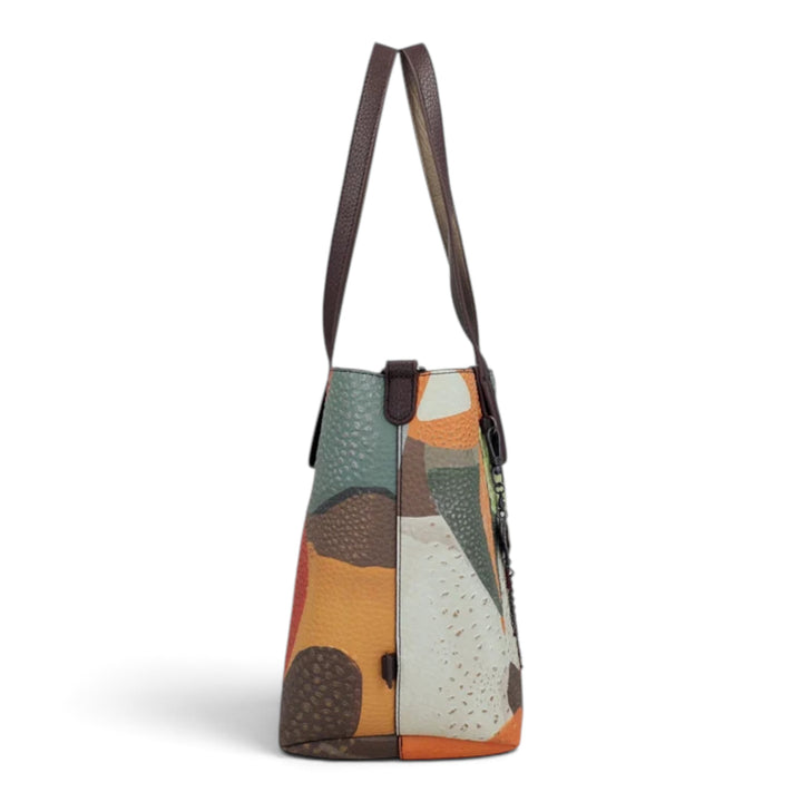 ada-shoes.ro Anekke Odyssey 2-in-1 shopper bag with a colorful abstract pattern and brown handles, side view.