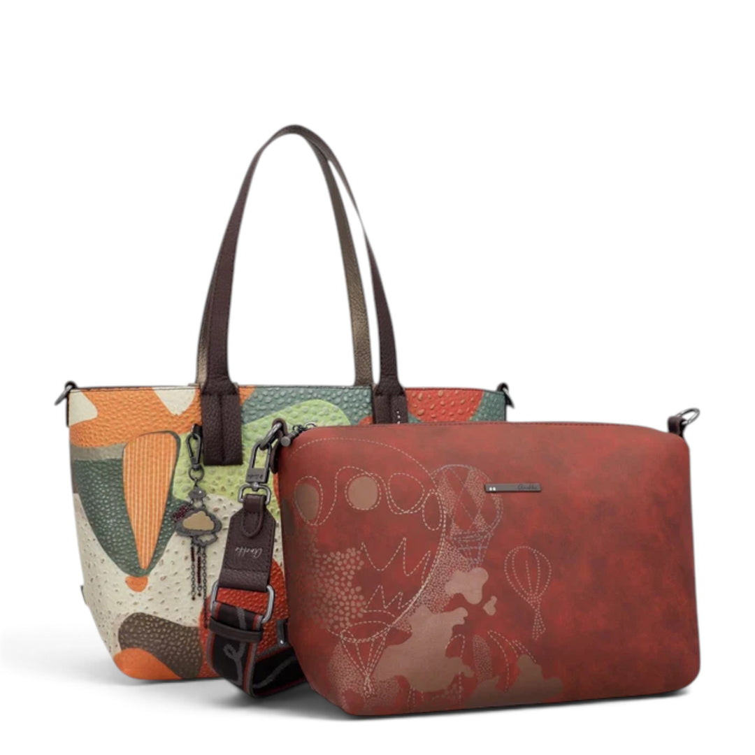 ada-shoes.ro Anekke Odyssey 2-in-1 shopper bag with a patterned outer tote and a detachable red inner crossbody bag.