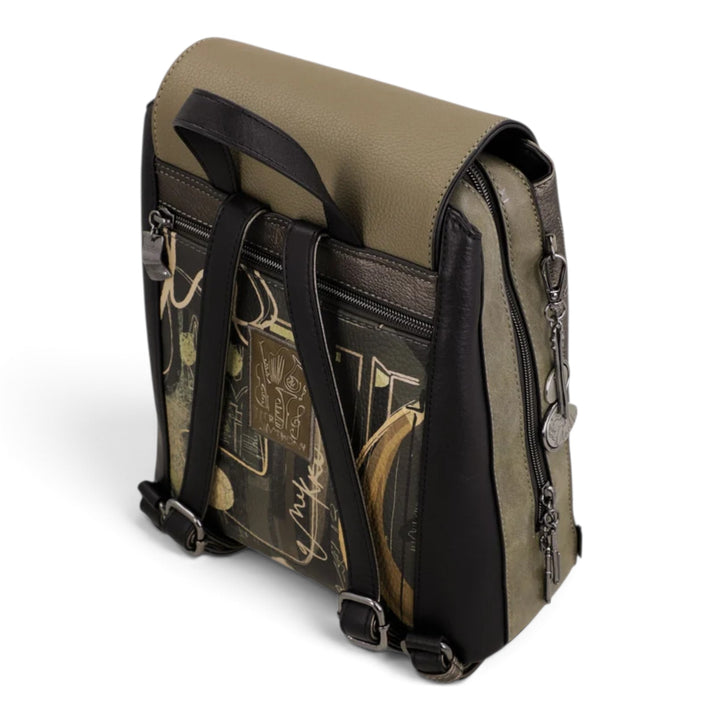 ada-shoes.ro Anekke Orchestra casual backpack in olive green and black with artistic music-themed illustrations