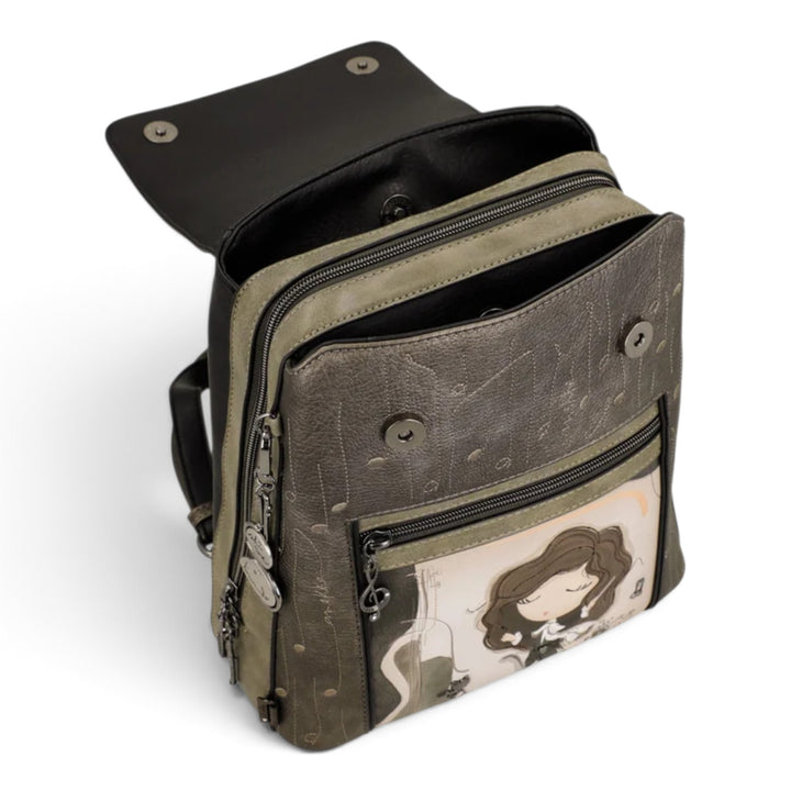 ada-shoes.ro Anekke Orchestra casual backpack in olive green with artistic musical illustration and zip compartments