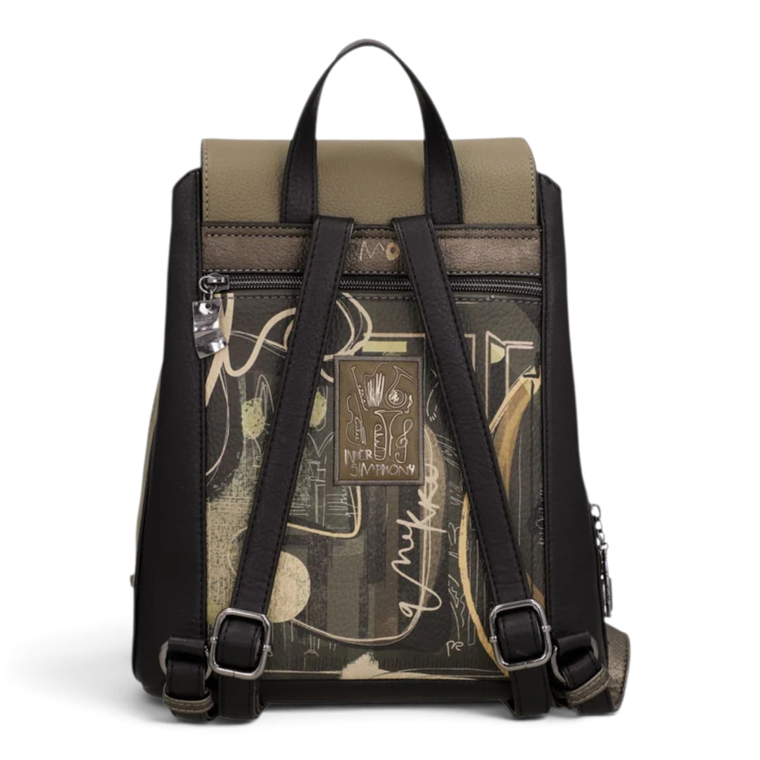 Back view of an Anekke Orchestra casual backpack featuring artistic music-themed prints, adjustable straps, and zip pockets.