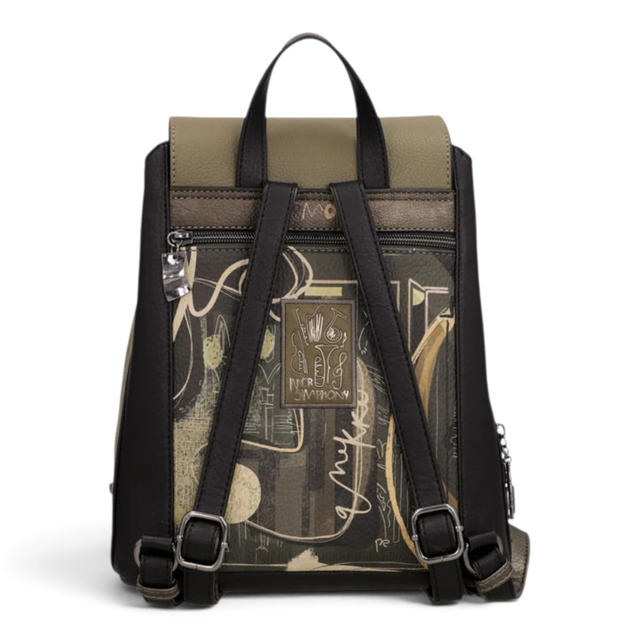 Back view of an Anekke Orchestra casual backpack featuring artistic music-themed prints, adjustable straps, and zip pockets.