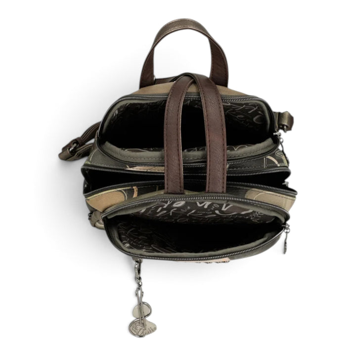 ada-shoes.ro Anekke Orchestra casual backpack with three zippered compartments, brown handles, and patterned lining.
