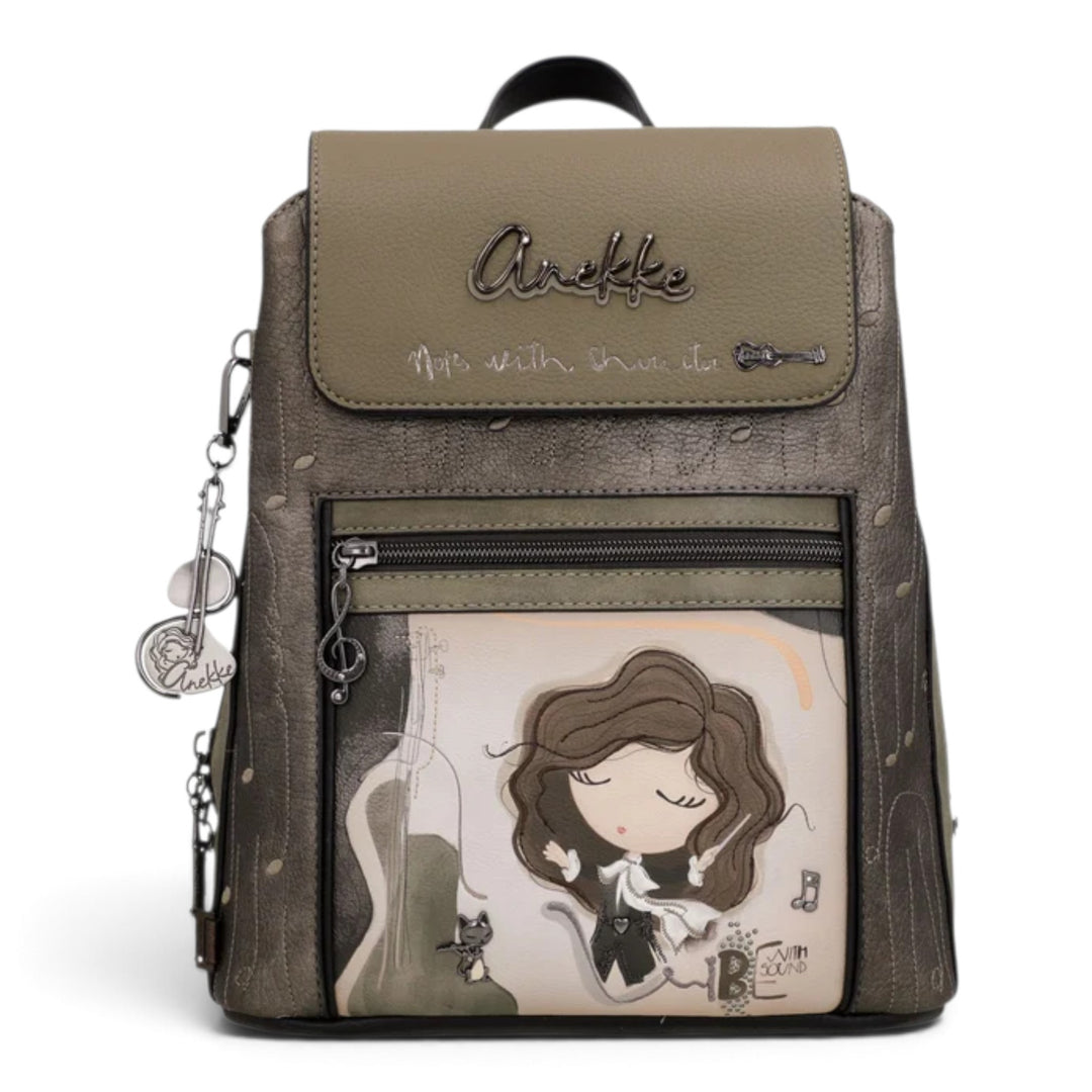 ada-shoes.ro Anekke Orchestra casual backpack in olive green with musical-themed illustration and metallic details.