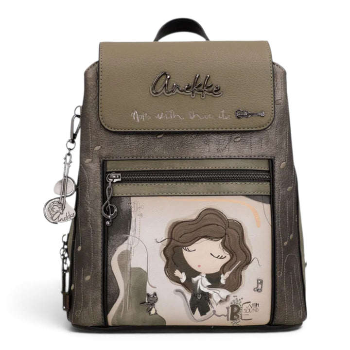 ada-shoes.ro Anekke Orchestra casual backpack in olive green with musical-themed illustration and metallic details.