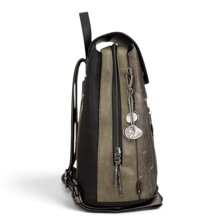 ada-shoes.ro Anekke Orchestra casual backpack in olive green and black synthetic leather with decorative metal charm