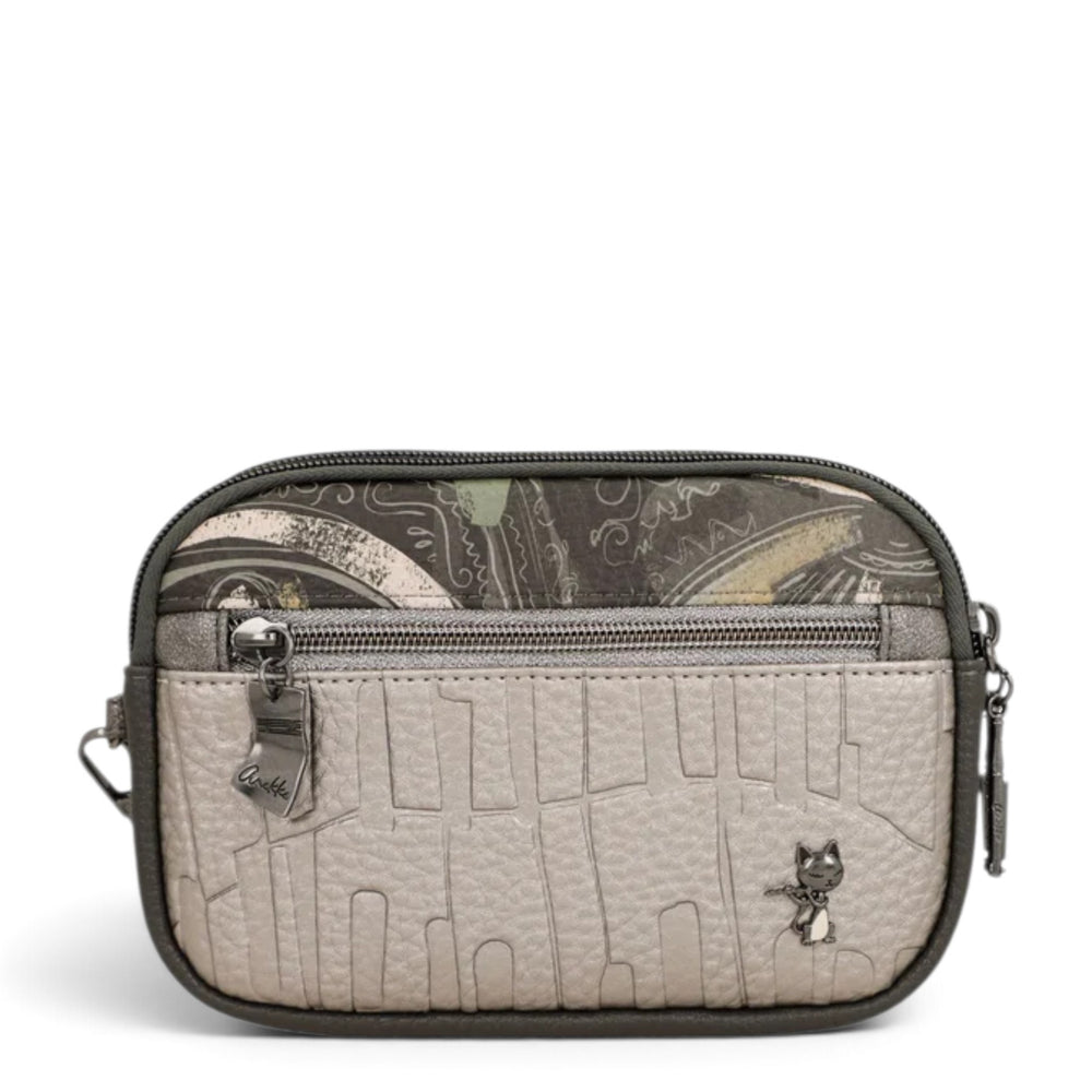 ada-shoes.ro Anekke Orchestra compact crossbody bag in metallic grey with zip compartments and decorative cat charm