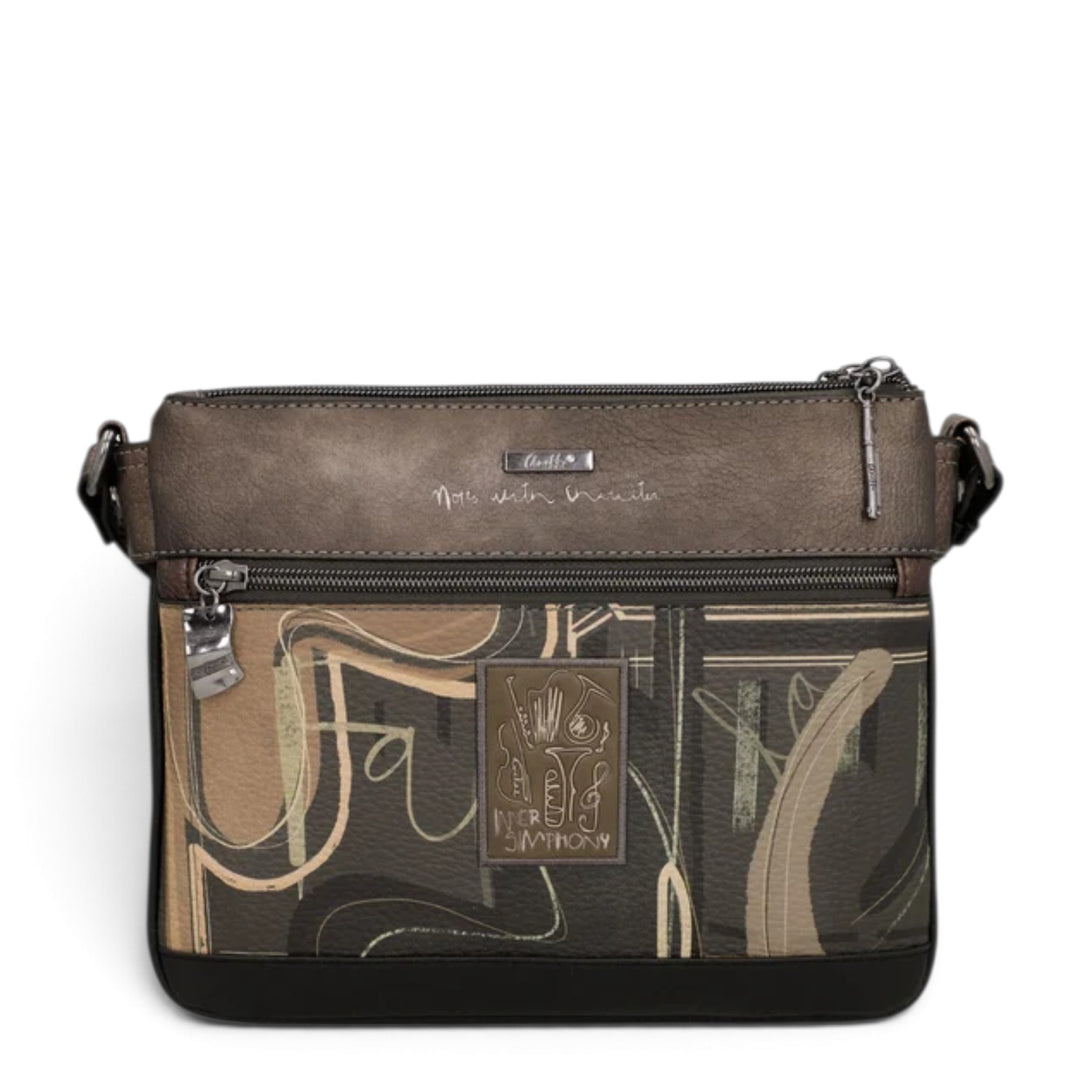 ada-shoes.ro Anekke Orchestra crossbody bag in brown tones with musical-themed artistic print and zip closure.