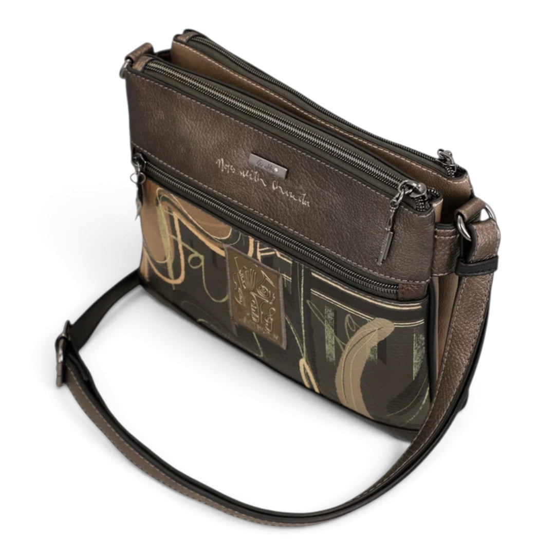 ada-shoes.ro Anekke Orchestra crossbody bag in brown with musical-themed artistic print and adjustable shoulder strap.