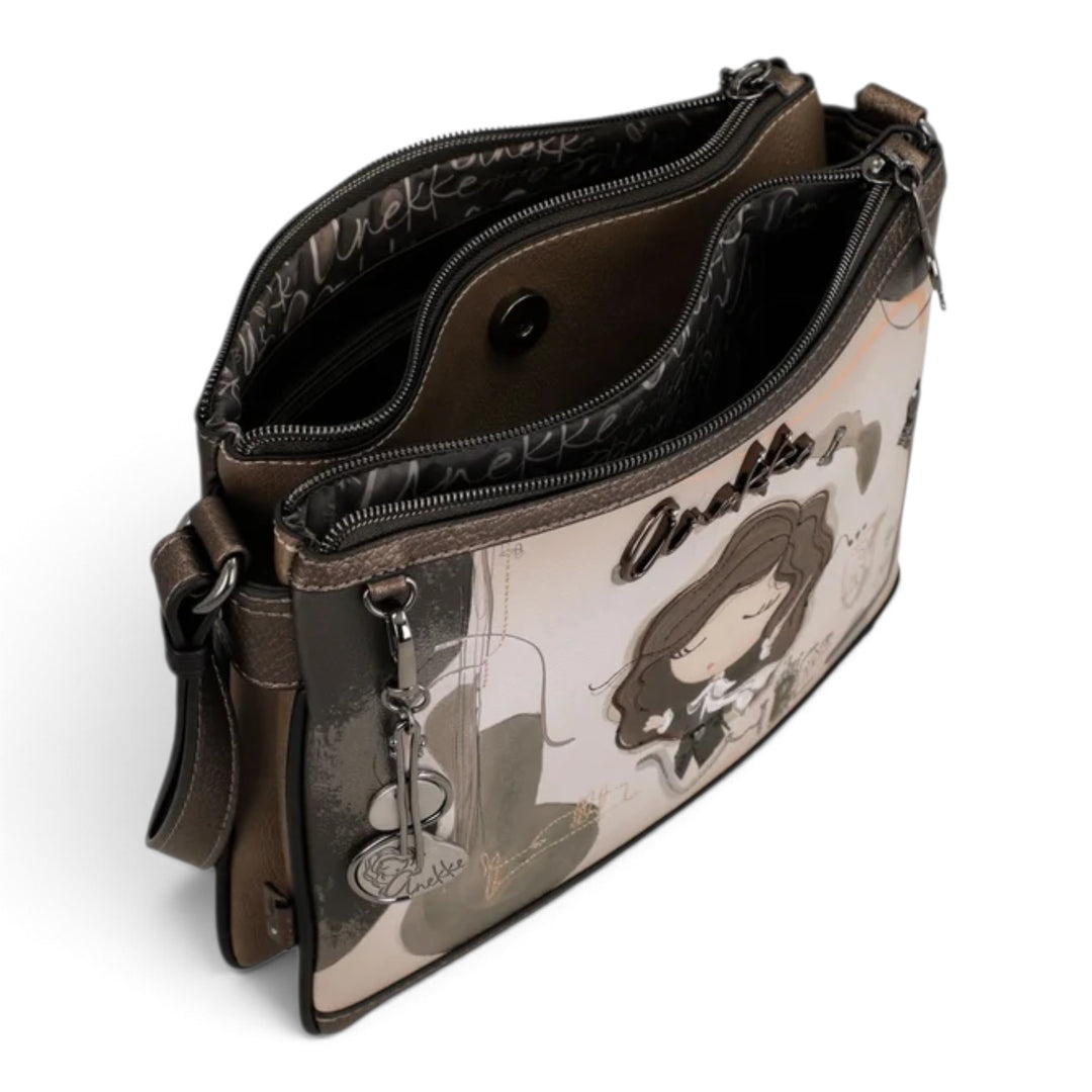 ada-shoes.ro Anekke Orchestra crossbody bag with artistic music-themed print, zip compartments, and adjustable strap.