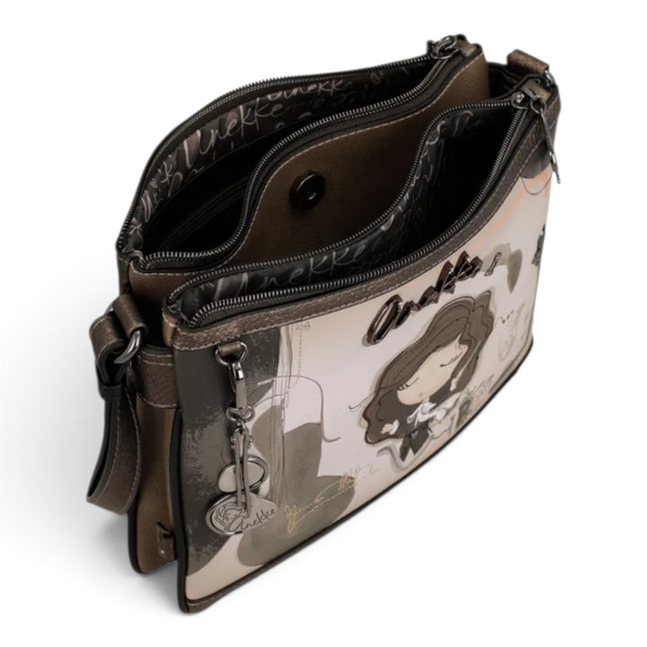 ada-shoes.ro Anekke Orchestra crossbody bag with artistic music-themed print, zip compartments, and adjustable strap.