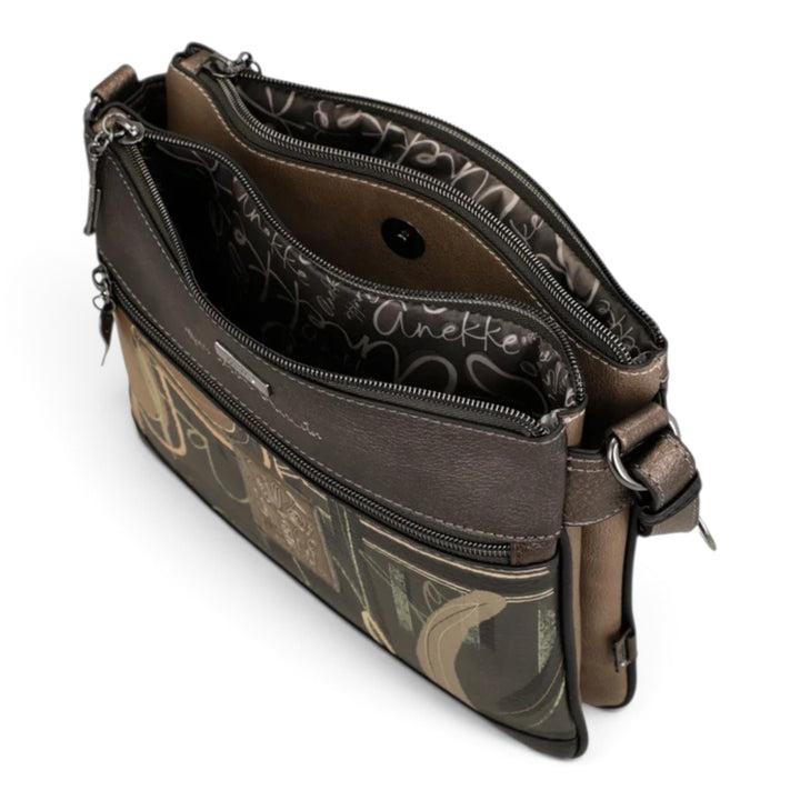 ada-shoes.ro Anekke Orchestra crossbody bag in brown with musical-themed print, multiple zip compartments and lining.