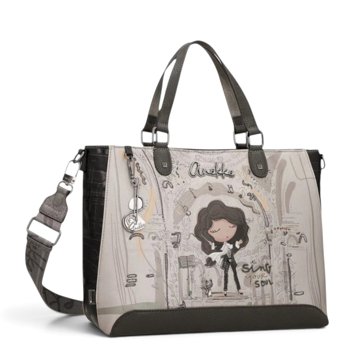 ada-shoes.ro Anekke Orchestra handbag with artistic musical print, dual handles, and adjustable shoulder strap.