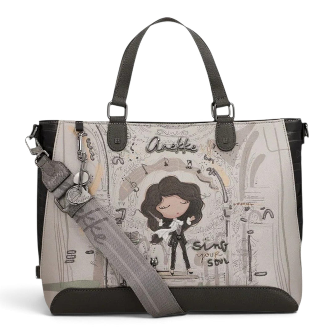 ada-shoes.ro Anekke Orchestra handbag with artistic musical print, featuring dual handles and a detachable strap.