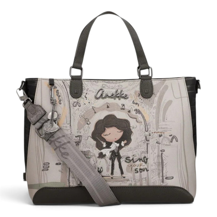 ada-shoes.ro Anekke Orchestra handbag with artistic musical print, featuring dual handles and a detachable strap.