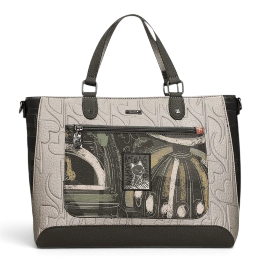 ada-shoes.ro Anekke Orchestra handbag with artistic musical print, grey and black synthetic leather, and multiple pockets.