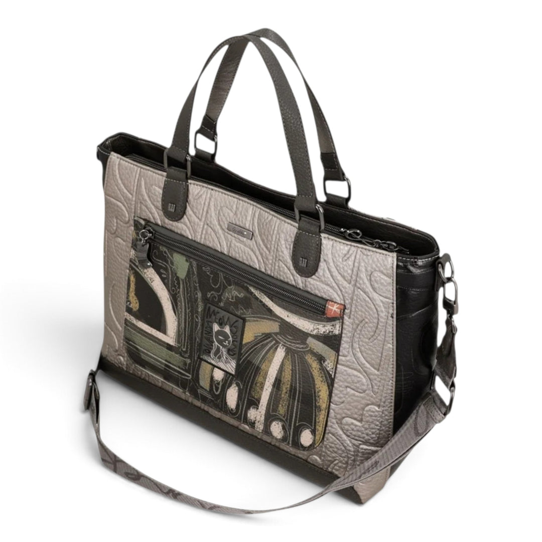 ada-shoes.ro Anekke Orchestra handbag in grey and black with artistic musical print, dual handles and shoulder strap.