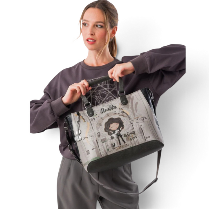 ada-shoes.ro Anekke Orchestra handbag with artistic music-themed print, featuring dual handles and a crossbody strap.
