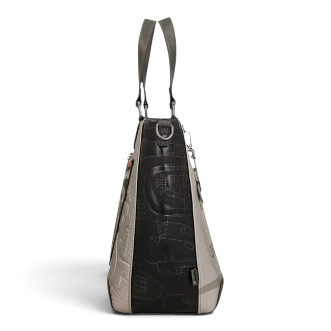 Side view of an Anekke Orchestra handbag from ada-shoes.ro, featuring black and grey synthetic panels with musical motifs.